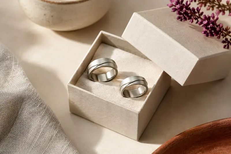 Deux bagues assorties à finition mate posées sur une boîte ouverte