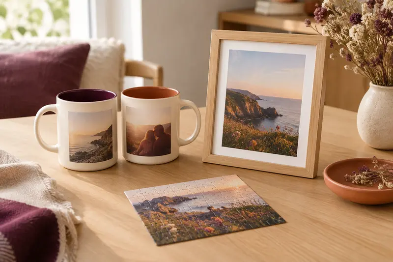 Mugs, affiche encadrée et puzzle photo réunis en cadeaux personnalisables pour couple