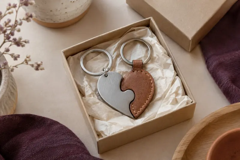 Deux porte-clés assortis en métal et cuir posés près d’une boîte cadeau