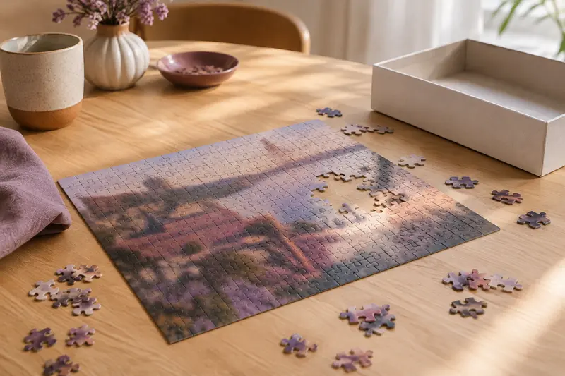 Puzzle photo partiellement assemblé avec quelques pièces éparses sur une table