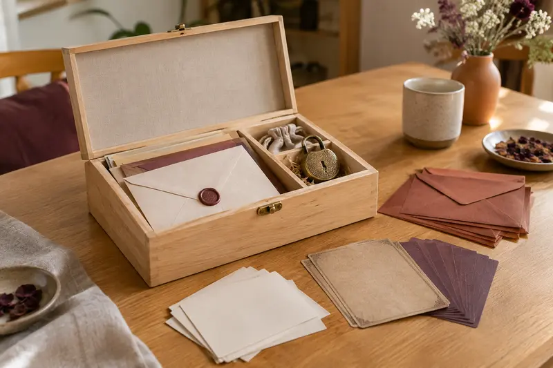 Coffret d’escape game ouvert avec enveloppes et accessoires d’énigme