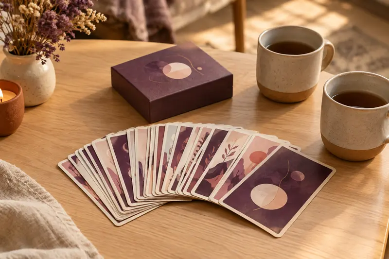 Jeu de cartes étalé en éventail avec sa boîte sur une table claire