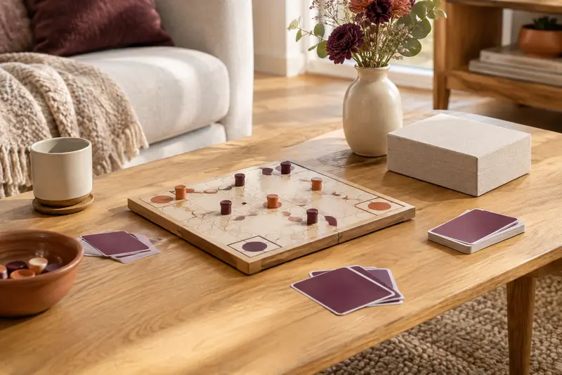 Plateau de jeu compact avec pions et cartes face cachée sur une table