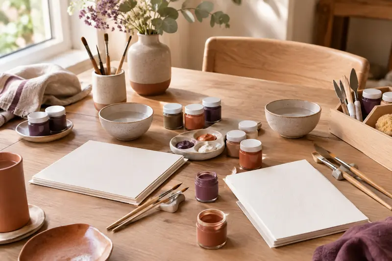 Kit créatif ouvert avec feuilles, pinceaux et petits pots de couleur