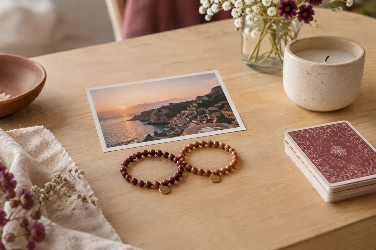 Affiche souvenir, bracelets assortis et jeu de cartes réunis pour célébrer un anniversaire de rencontre