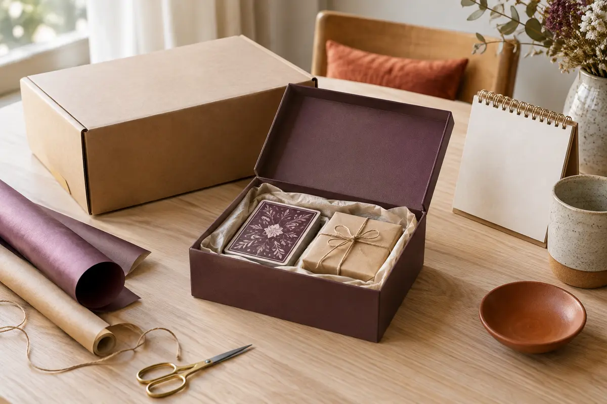 Boîte cadeau avec un jeu de cartes, un paquet et un calendrier près d’un carton prêt à expédier