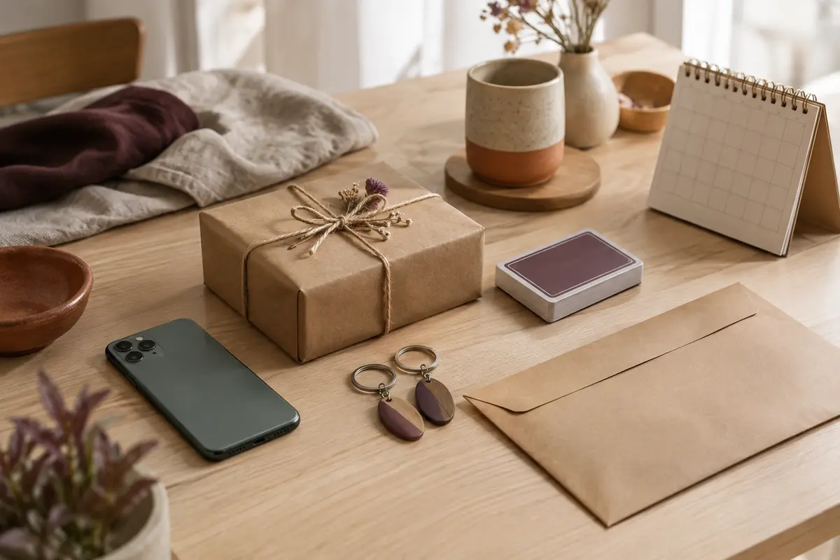 Petit cadeau emballé avec des porte-clés assortis et une boîte compacte, prêt à être expédié