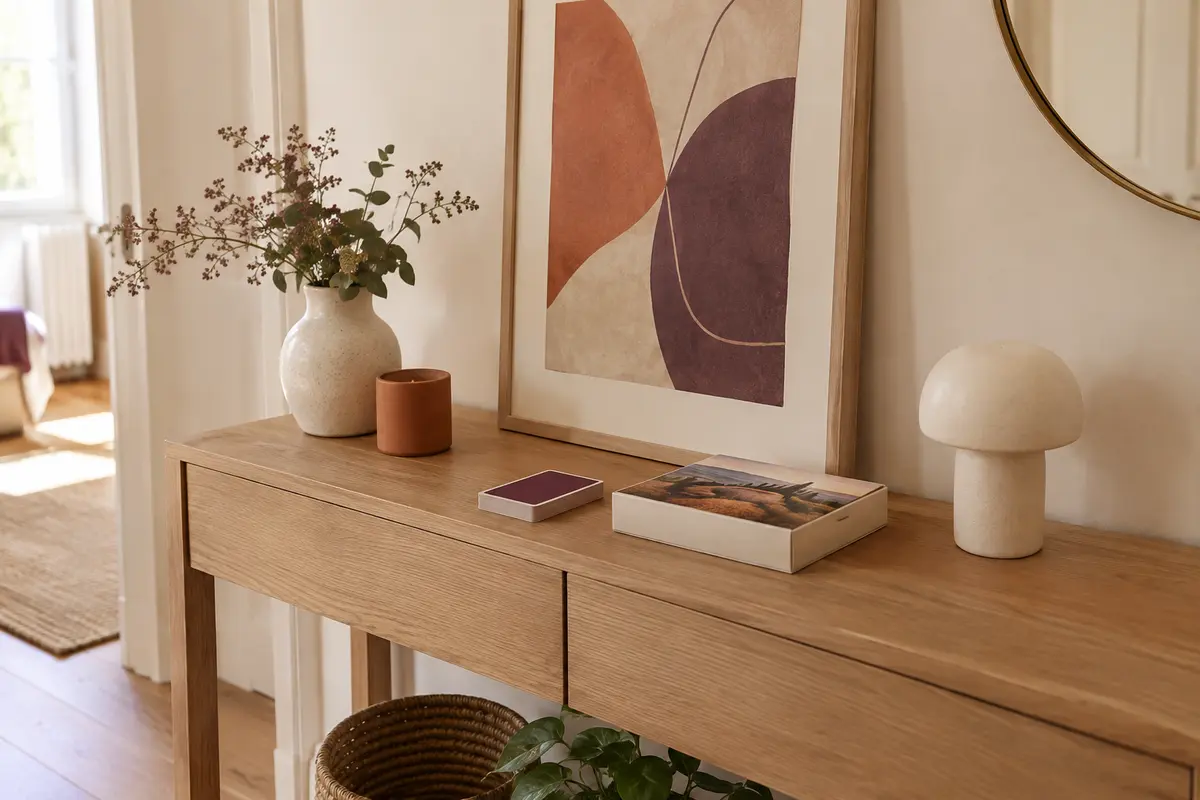 Affiche abstraite, jeu de cartes compact et boîte de puzzle posés sur une petite console d’entrée.