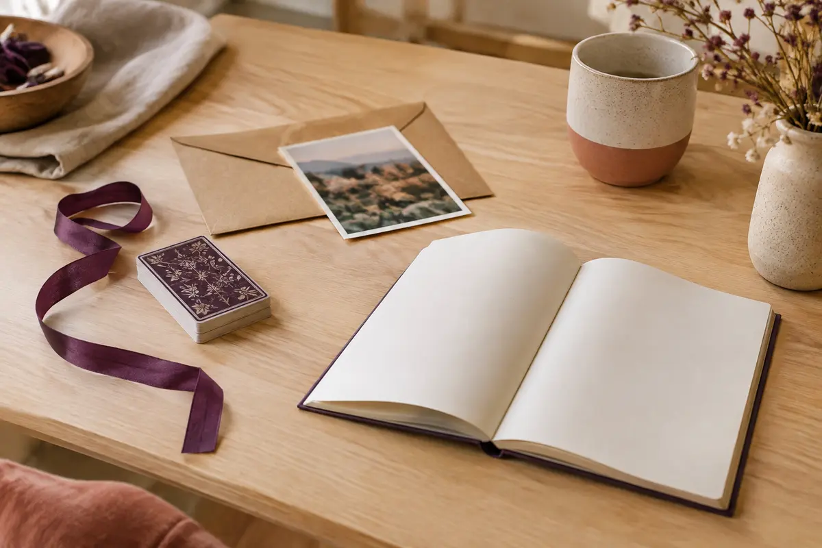 Table sobre avec un jeu de cartes, une photo et un carnet pour préparer un cadeau de couple