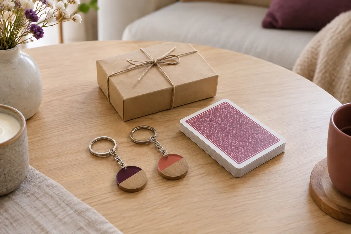 Porte-clés assortis et jeu de cartes posés sur une table pour illustrer un cadeau à partager.