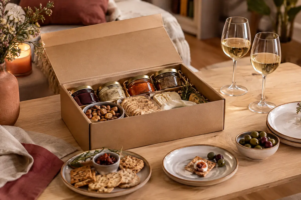 Coffret de dégustation ouvert avec petits produits gourmands, crackers et deux verres sur une table