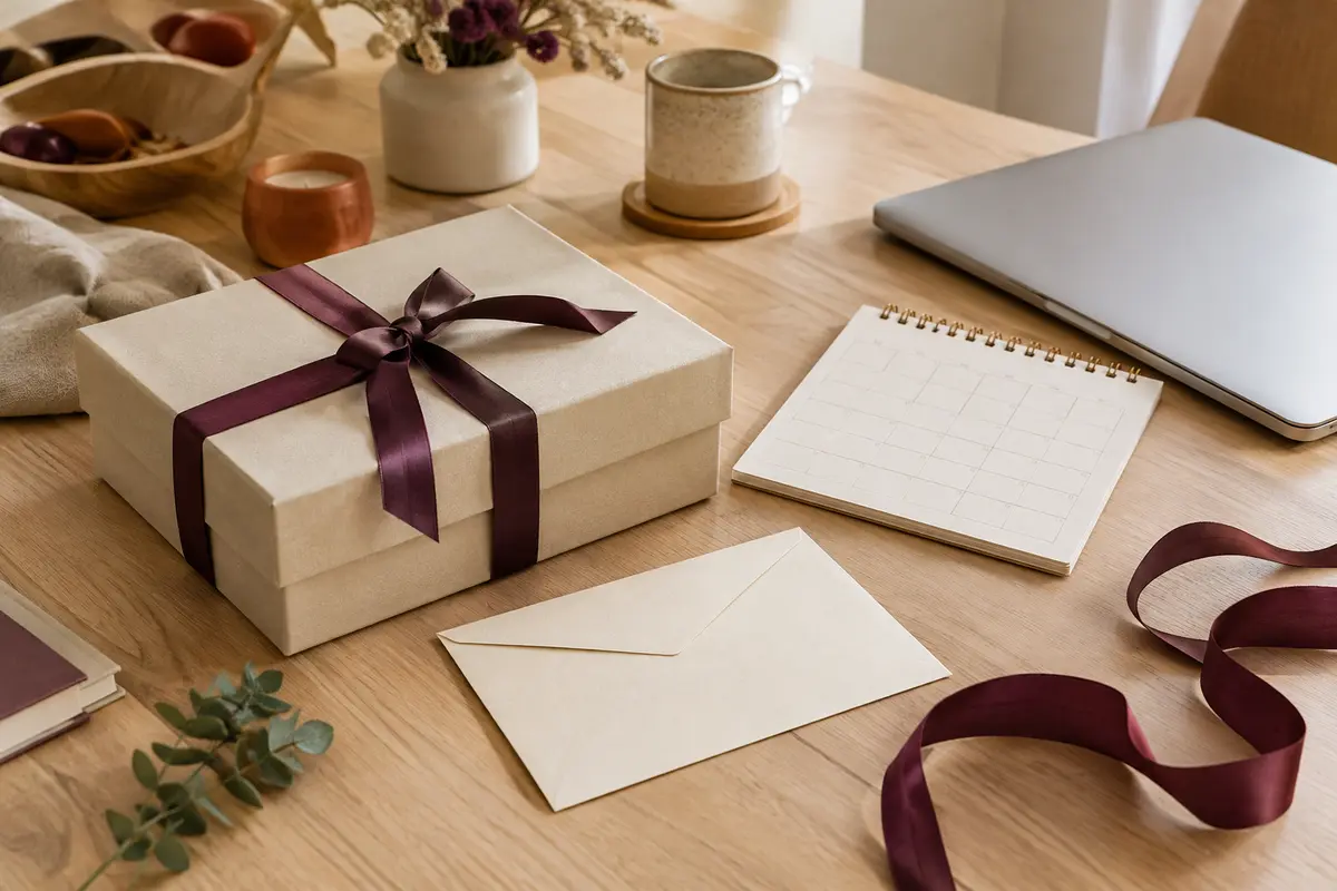 Coffret cadeau et calendrier vierge réunis sur une table pour illustrer la préparation d’une commande personnalisée.