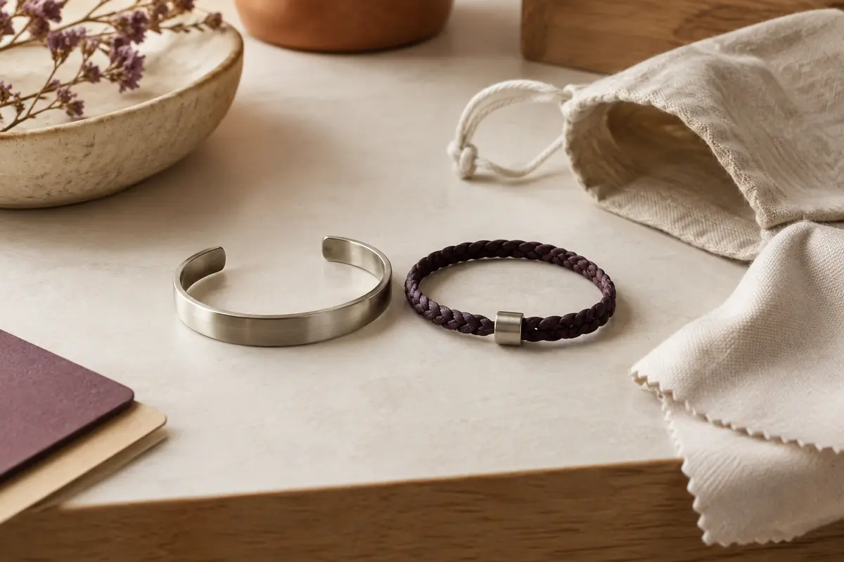 Deux bracelets assortis de matières différentes avec un chiffon doux et une pochette de rangement