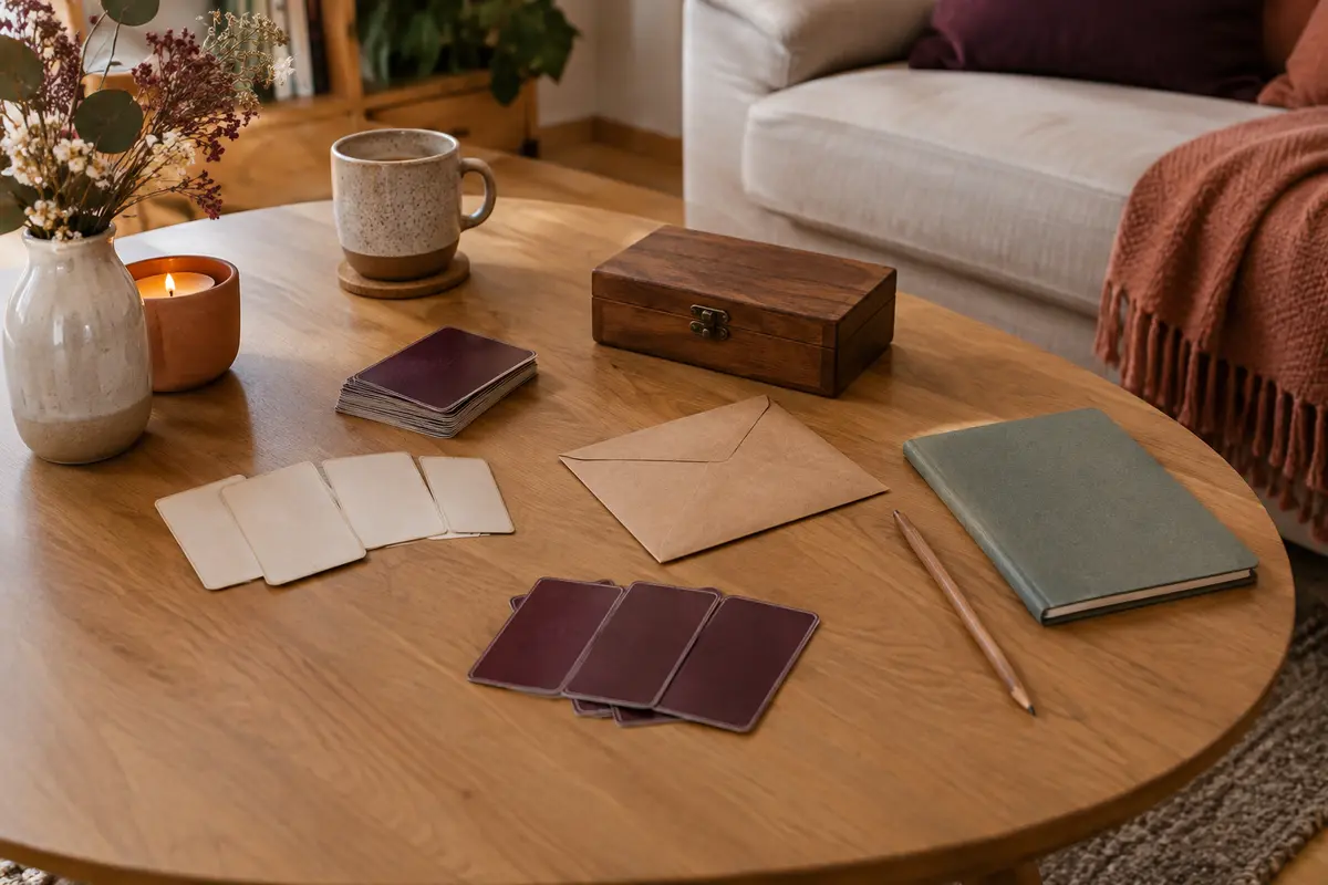 Table préparée pour une soirée d’escape game à deux, avec cartes, enveloppe, carnet et crayon
