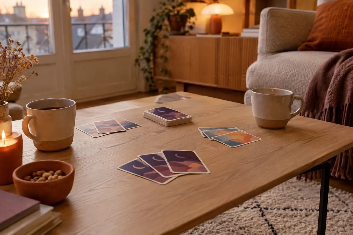 Cartes disposées sur une table basse pour une soirée de jeu à deux dans une ambiance chaleureuse