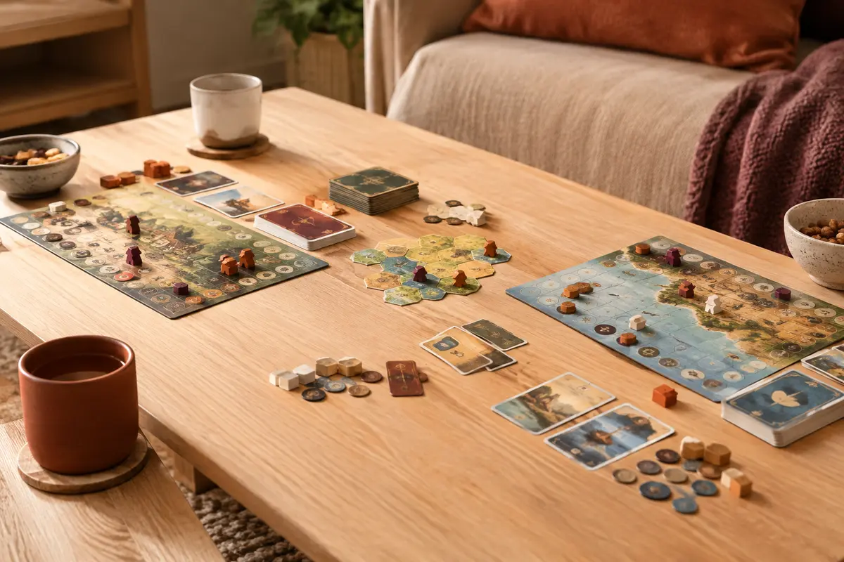 Jeu de plateau disposé pour une partie à deux sur une table de salon chaleureuse.