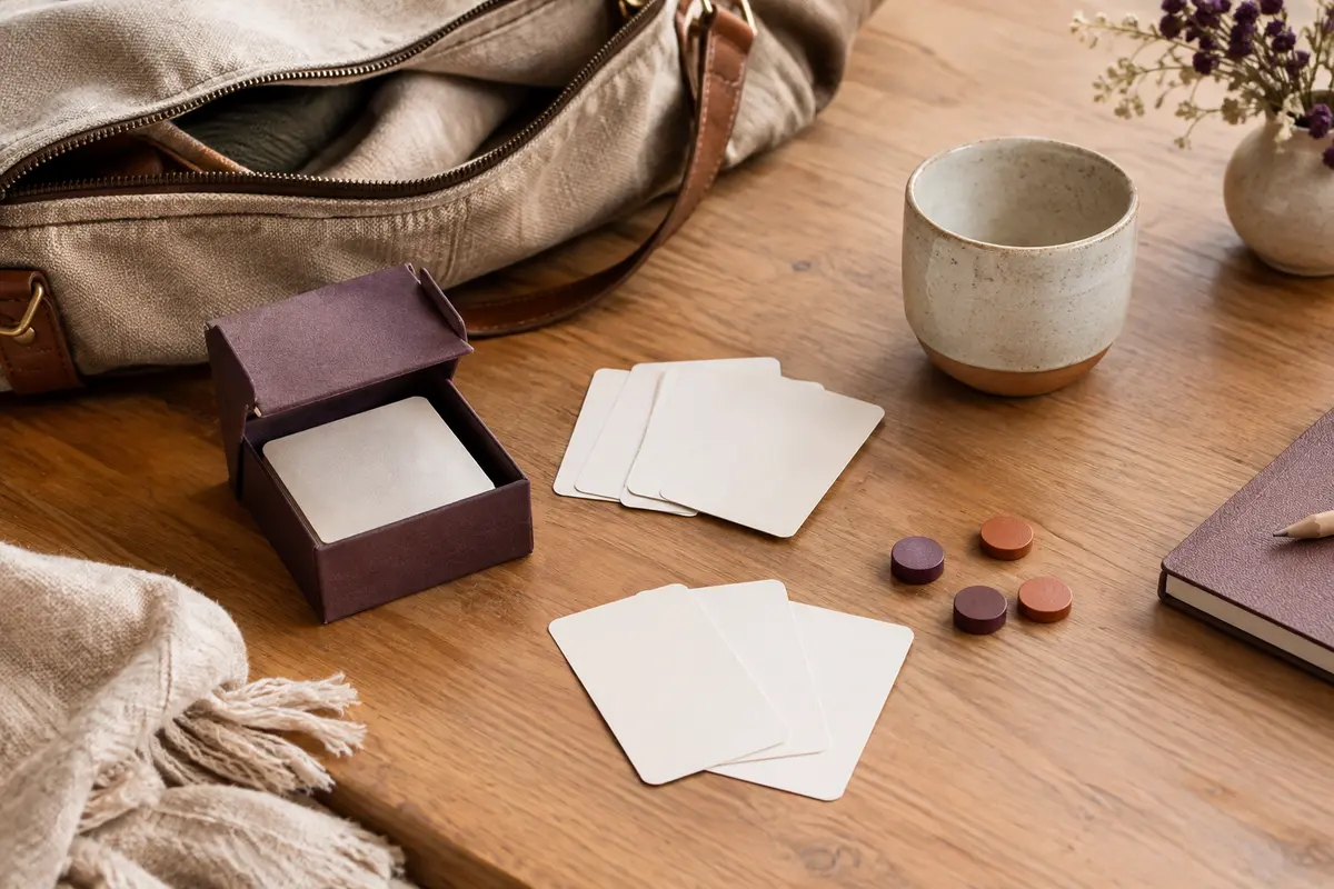 Jeu de cartes compact posé près d’un sac de week-end, prêt à être emporté en voyage