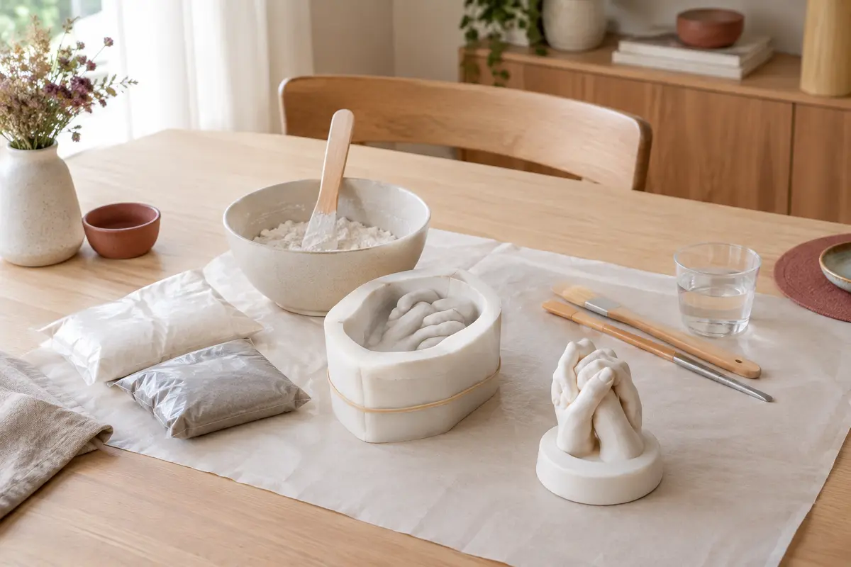 Kit créatif de moulage disposé sur une table avec ses outils et une création terminée