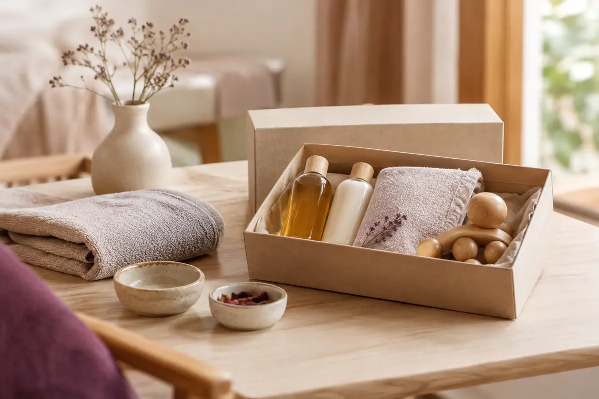 Coffret de massage pour couple avec flacons, serviette pliée et accessoire posé sur une table claire