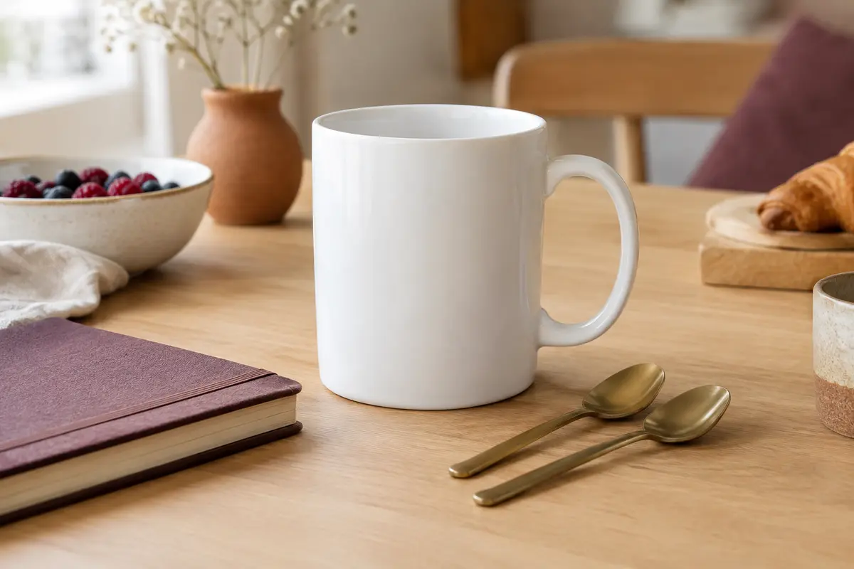 Mug blanc à personnaliser posé sur une table de petit-déjeuner dans une ambiance douce et sobre.