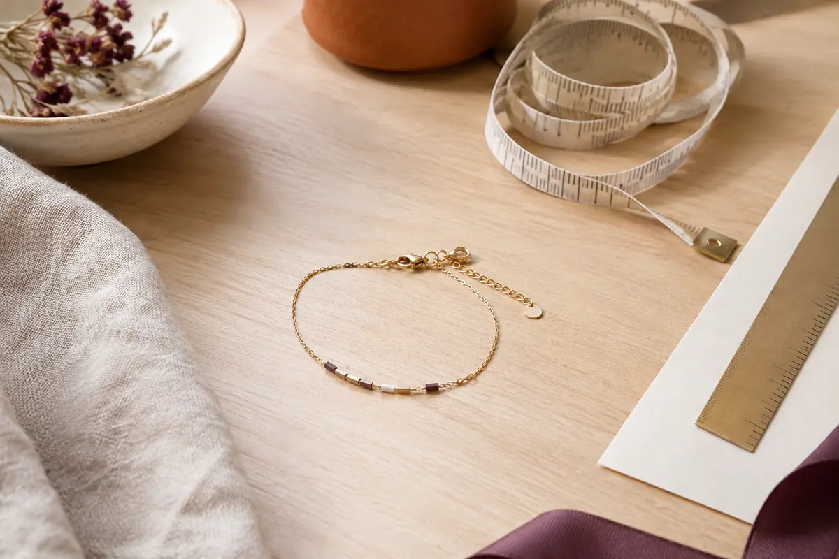 Bracelet posé près d’un mètre ruban souple et d’une règle pour préparer une mesure