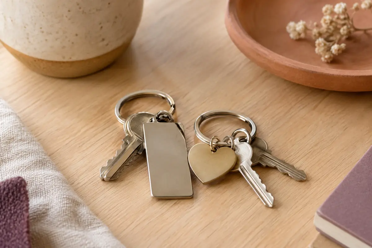 Deux porte-clés assortis aux surfaces vierges, posés près de clés sur une table en bois clair.