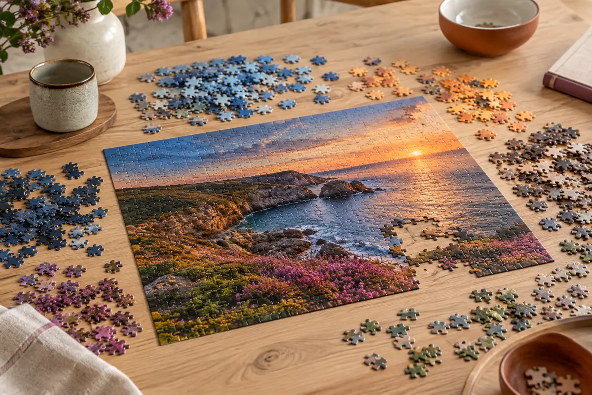 Puzzle photo en cours d’assemblage sur une table, avec des pièces triées autour d’une image contrastée.
