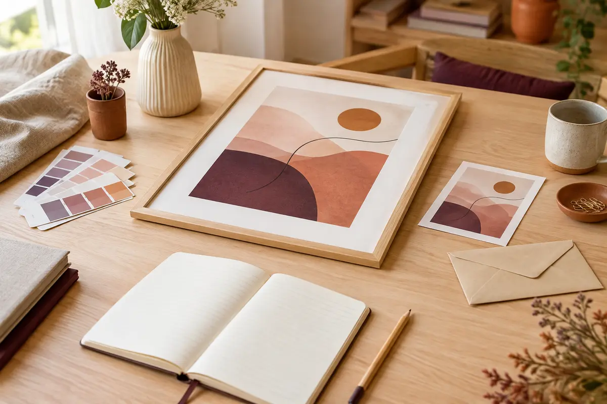 Table de préparation avec maquette d’affiche, carnet, crayon et nuancier pour relire un cadeau personnalisé