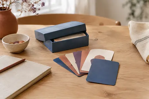 Jeu de cartes bleu ouvert sur une table en bois clair, accompagné d’un carnet et d’une coupelle en céramique