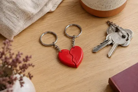 Deux porte-clés rouges en plastique et acier inoxydable, assemblés en forme de cœur sur du bois clair.