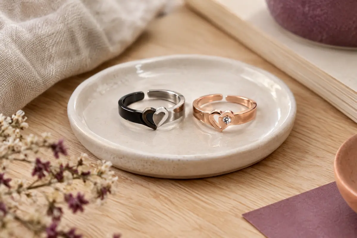 Deux bagues de couple assorties, l’une noire et acier, l’autre or rose avec zirconium, sur céramique claire.