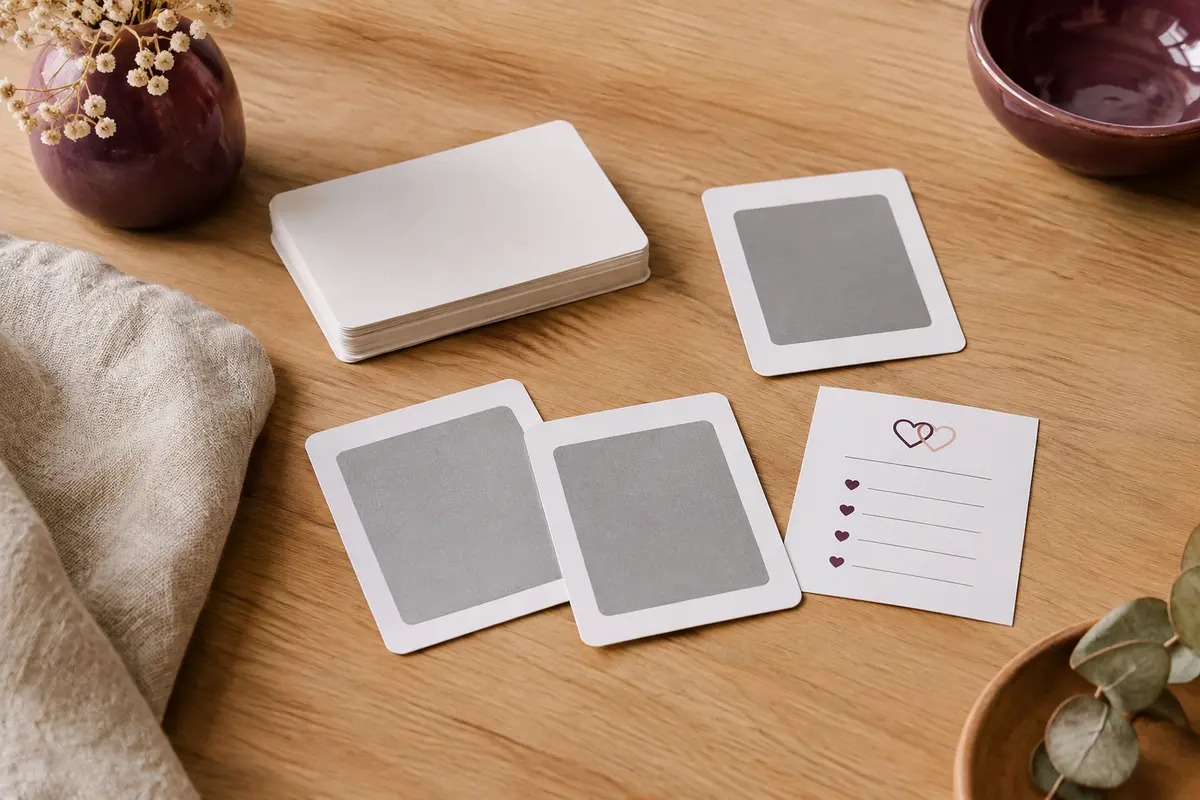 Cartes à gratter en papier blanc et règle du jeu posées sur une table en bois clair