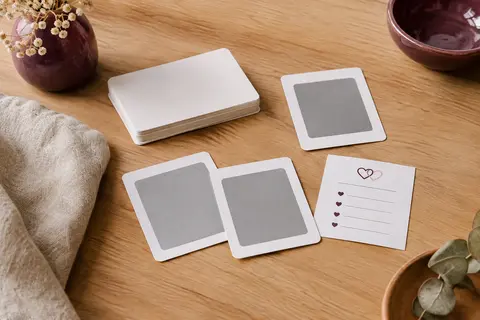 Cartes à gratter en papier blanc et règle du jeu posées sur une table en bois clair