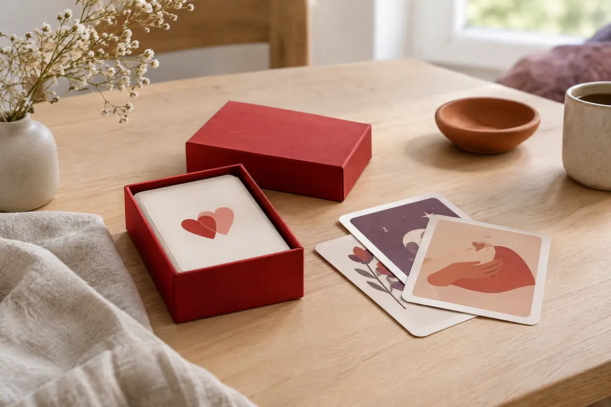 Boîte rouge et cartes en papier d’un jeu pour couples posées sur une table en bois clair.