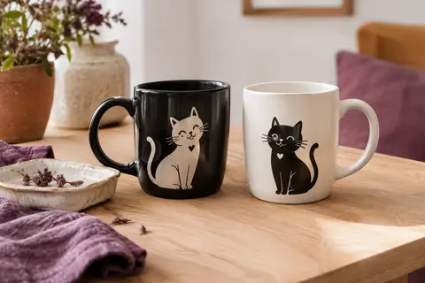Duo de mugs en céramique, l’un noir et l’autre blanc, décorés d’un motif de chat, posés sur une table claire.