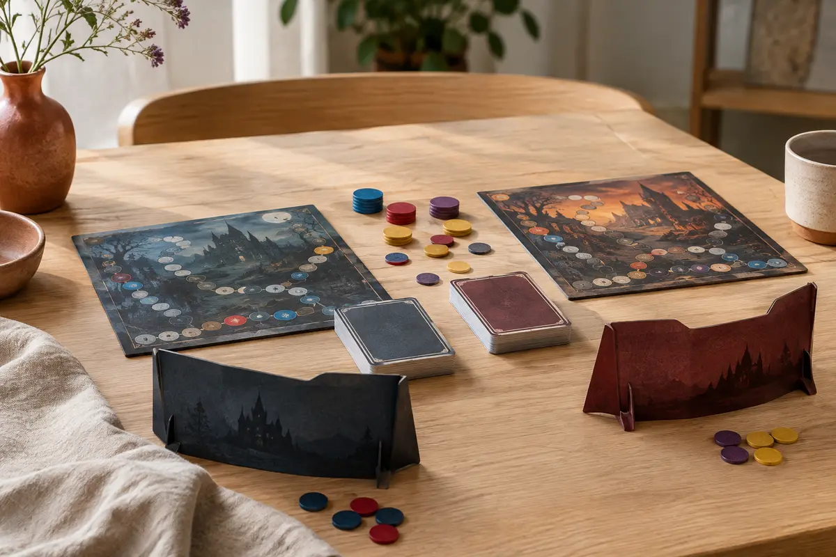 Plateaux, cartes, jetons et porte-cartes de Dracula vs Helsing disposés sur une table en bois clair.