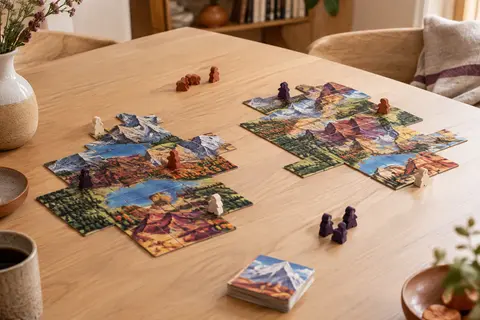 Tuiles illustrées de montagnes et pièces en bois disposées sur une table claire pour un duel à deux