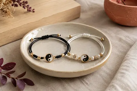 Deux bracelets assortis Yin Yang en corde, avec perles décoratives et zircons sur le bracelet blanc