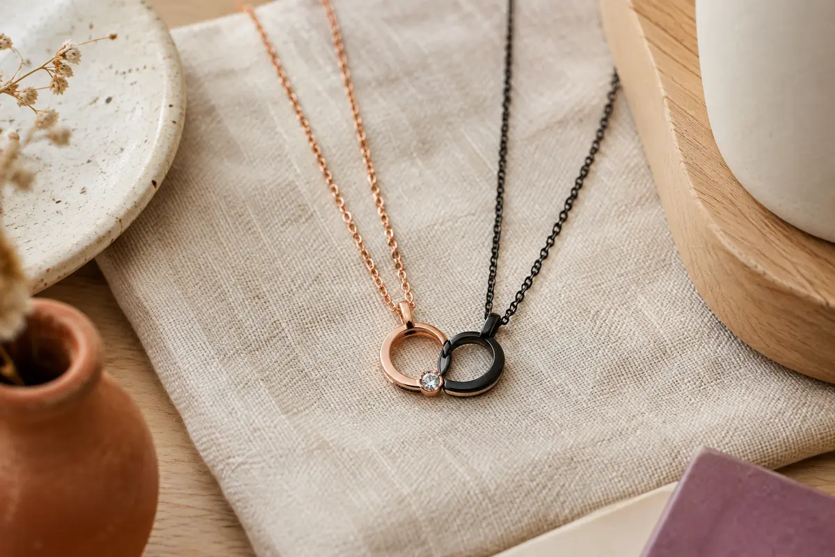 Deux colliers assortis aux pendentifs en anneau, l’un or rose avec zircon, l’autre noir, posés sur du lin.