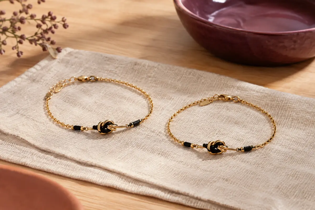 Deux bracelets assortis or et noir à motif de nœud, posés sur du lin dans un intérieur lumineux