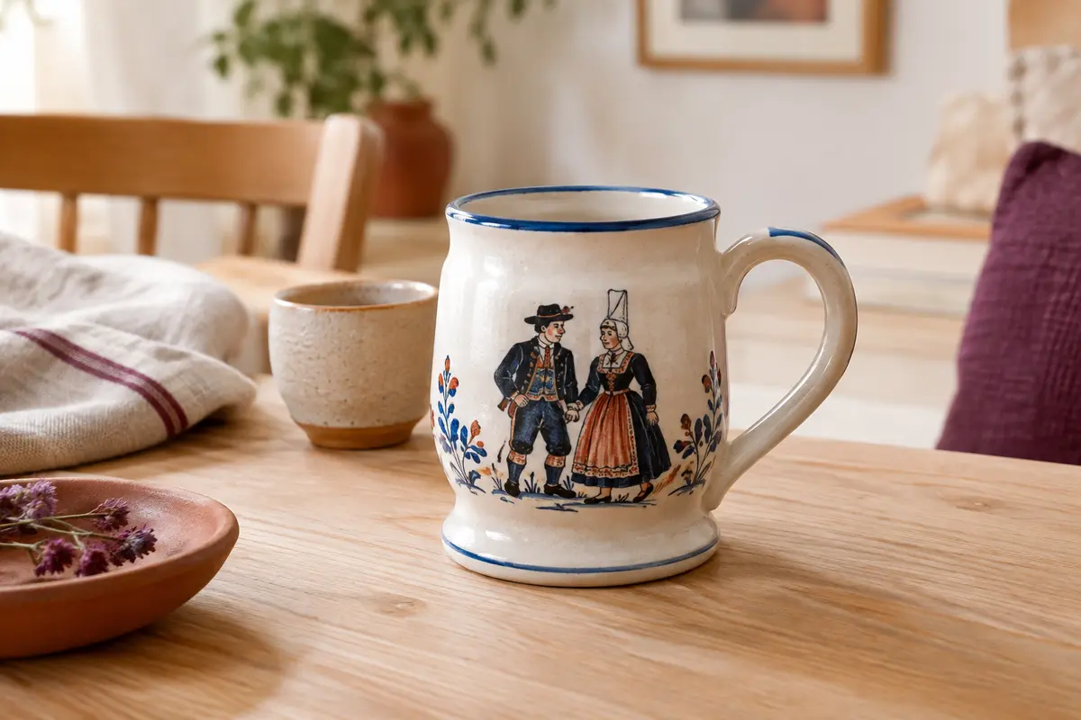 Chope bretonne en faïence avec bord bleu et décor de Bigoudens, posée sur une table en bois clair.
