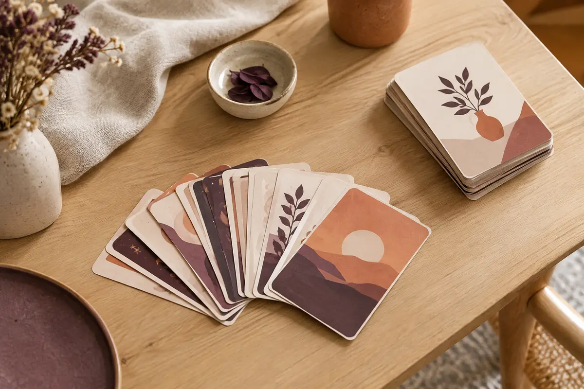 Jeu de cartes de conversation en papier posé sur une table en bois clair dans un intérieur accueillant.