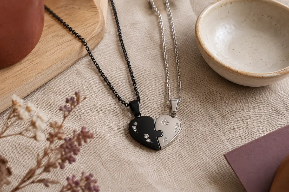 Deux colliers assortis à pendentifs cœur puzzle noir et argent ornés de strass, posés sur du lin.