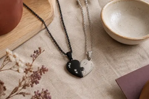 Deux colliers assortis à pendentifs cœur puzzle noir et argent ornés de strass, posés sur du lin.