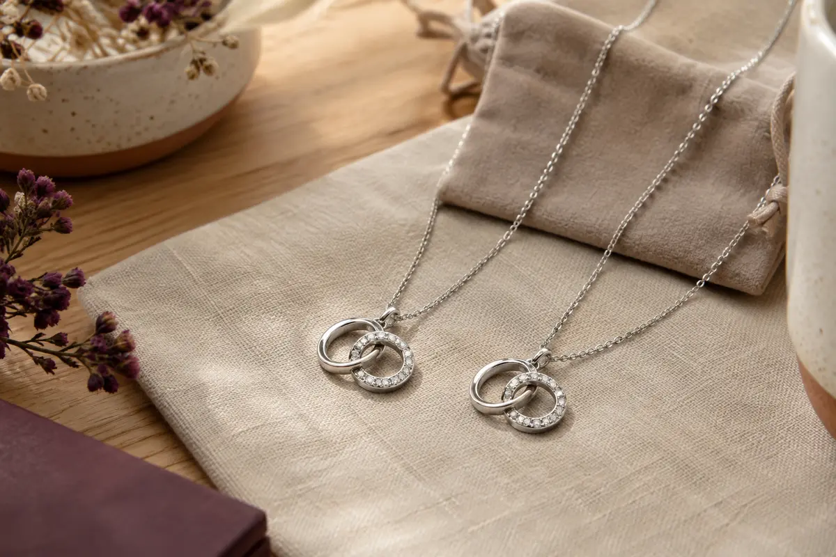Deux colliers argentés assortis à pendentifs entrelacés et strass, posés sur du lin près d’une pochette en velours.