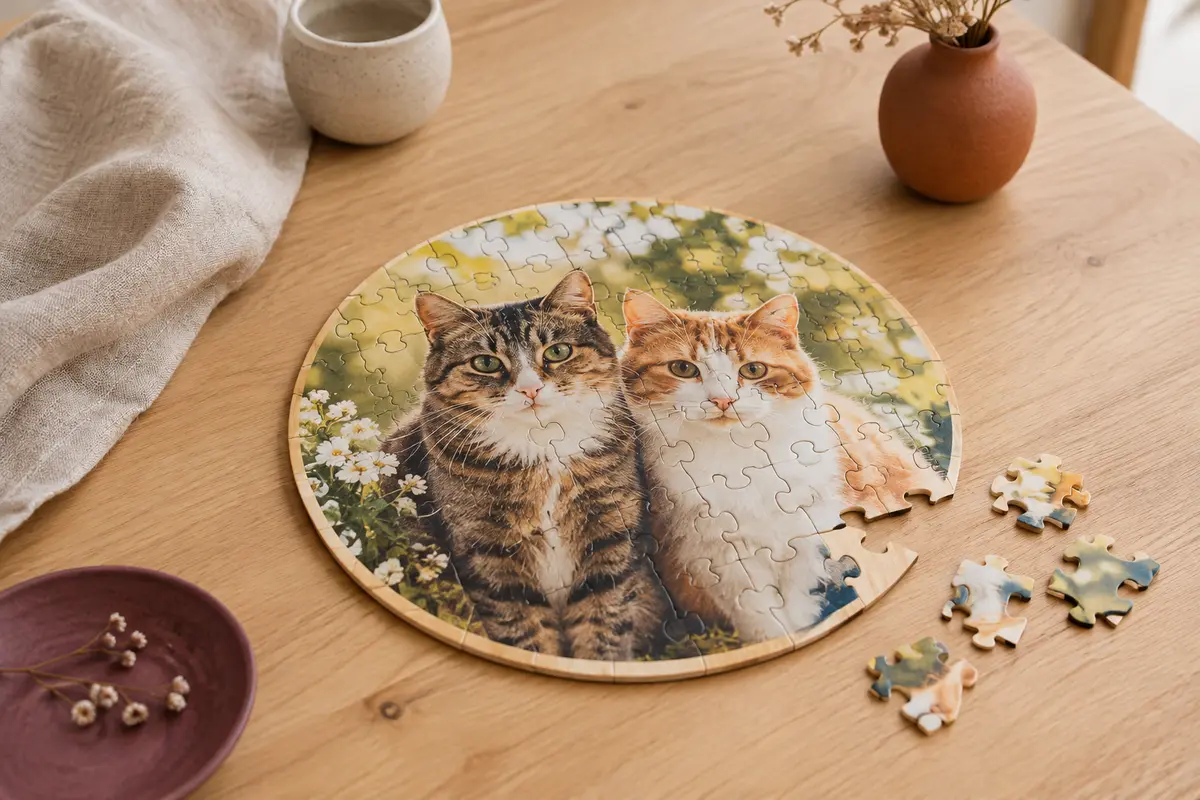 Puzzle photo rond en bois personnalisé avec une image de deux chats, posé sur une table claire