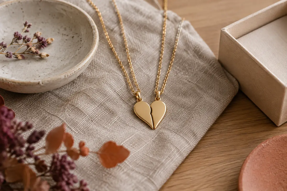 Deux colliers couleur or à pendentifs demi-cœur réunis sur du lin dans un décor clair et chaleureux