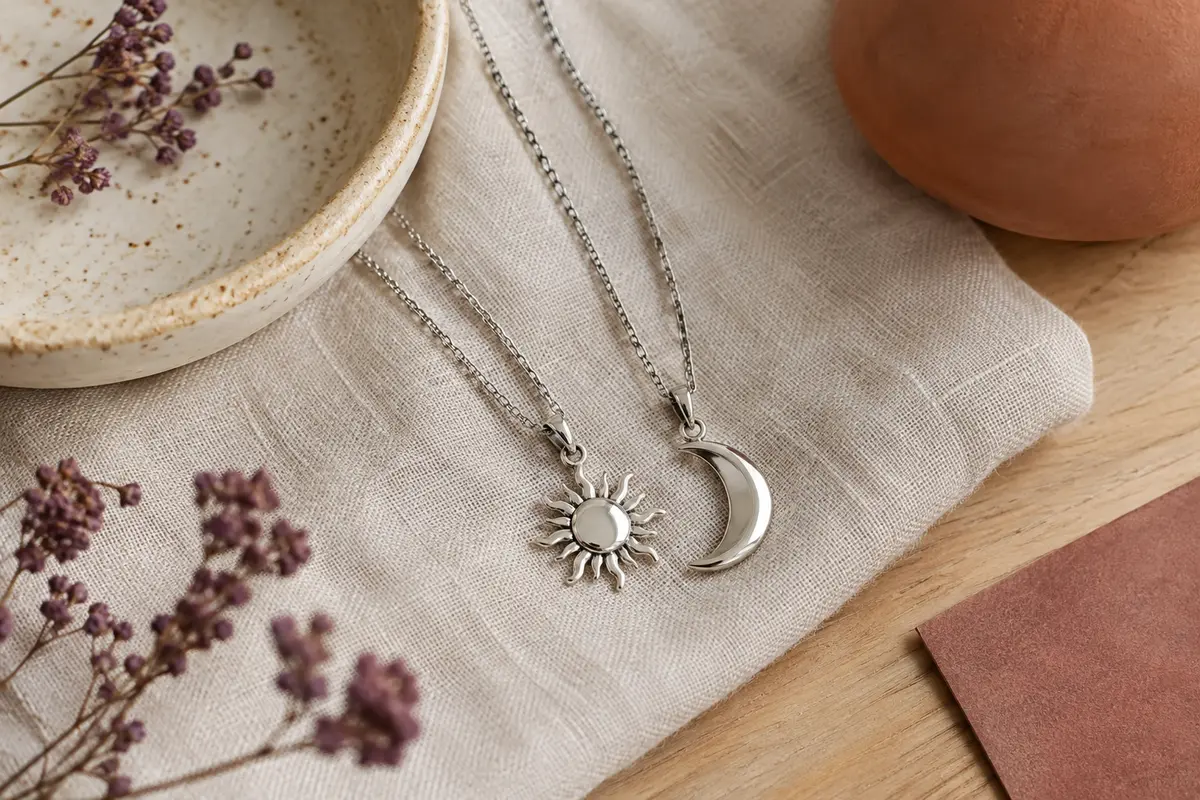 Deux colliers assortis avec pendentifs soleil et lune posés sur du lin clair près d’une coupelle en céramique.