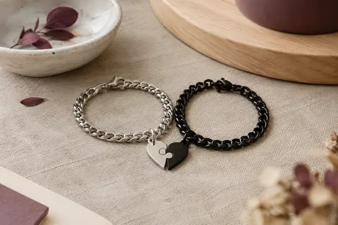 Deux bracelets gourmette noir et argent avec des charms puzzle formant un cœur, posés sur du lin.