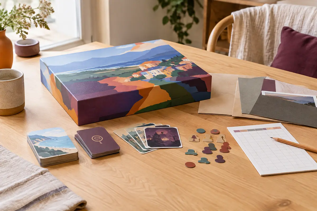 Jeu d’enquête Le Gardien des caves posé sur une table en bois clair avec cartes et tokens